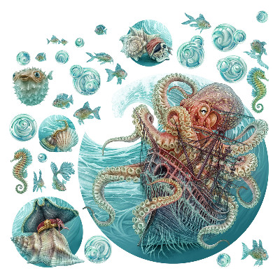 Samolepky na zeď dětské 80x93 Podvodní království chobotnic v pastelových barvách