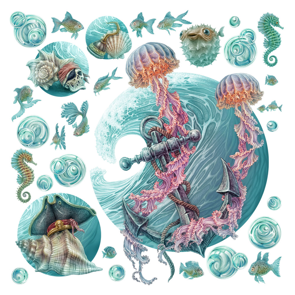 Samolepky na zeď dětské 80x82 Kreslený svět mořských živočichů v pastelových barvách