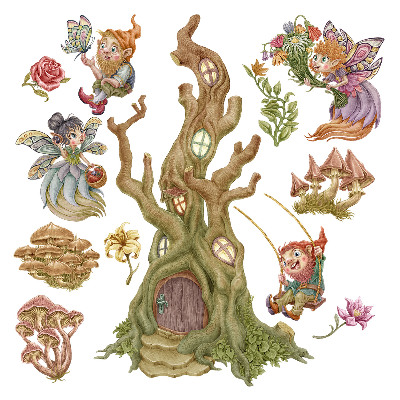 Samolepky na zeď dětské 80x83 Trpaslíci v kouzelném lese s pastelovým domkem