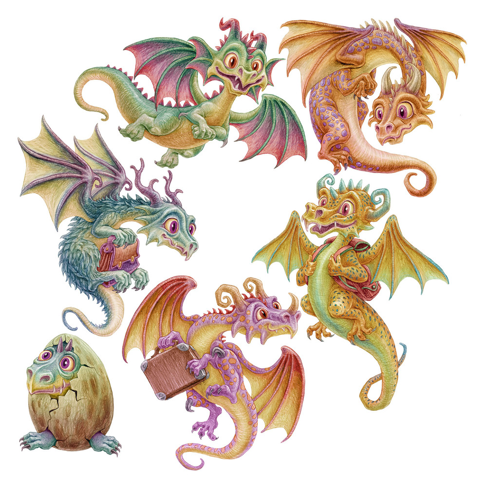 Samolepky na zeď dětské 80x68 Kreslení draci v pastelových odstínech