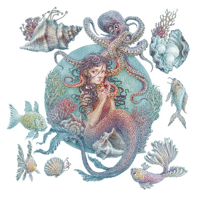 Samolepky na zeď dětské 80x89 Podvodní mušle a pohádková zvířata