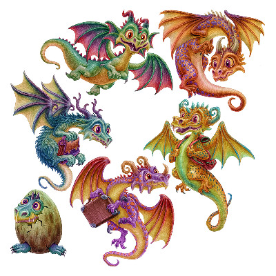 Samolepky na zeď 60x48 Kreslení draci v magickém barevném stylu