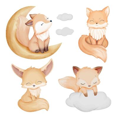 Samolepky na zeď 60x96 Roztomilé lišky a pastelově akvarelová obloha