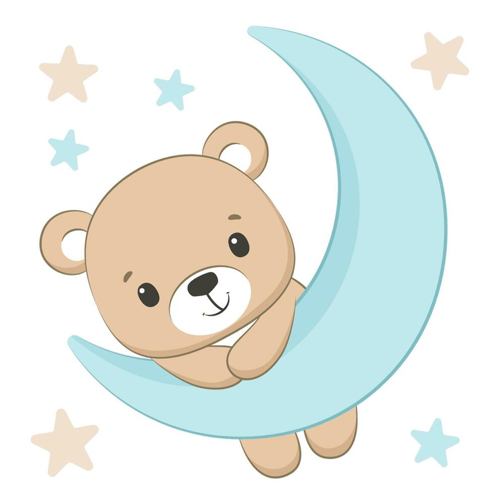 Samolepky na zeď 60x66 Medvídek na Měsíci obklopený pastelovými hvězdami