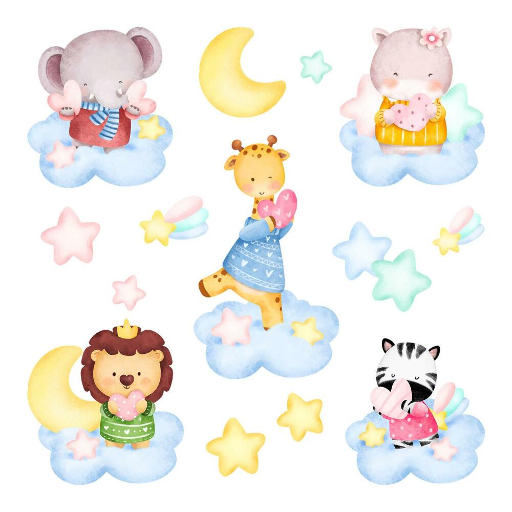 Samolepky na zeď 60x92 Zvířata v oblacích na pozadí hvězd, akvarel pastel