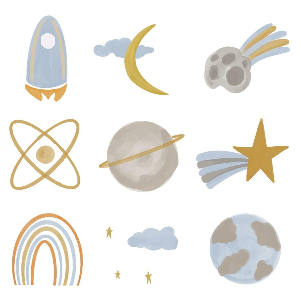 Samolepky na zeď 60x100 Pastelový motiv rakety mezi planetami a hvězdami