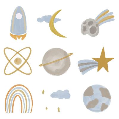 Samolepky na zeď 60x100 Pastelový motiv rakety mezi planetami a hvězdami