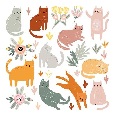 Samolepky na zeď 60x106 Boho vzor s kočkami a rostlinami v pastelových barvách