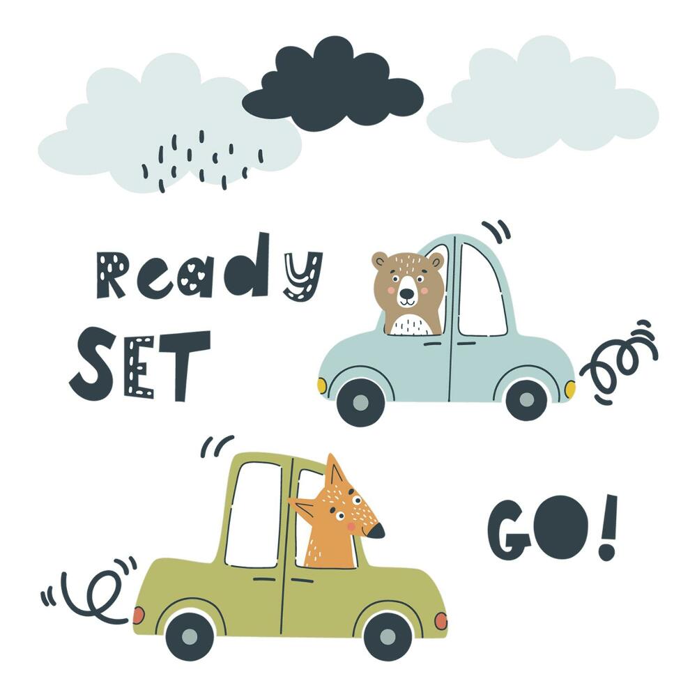 Samolepky na zeď 60x81 Čas na dobrodružství! Zvířata v pastelových autíčkách