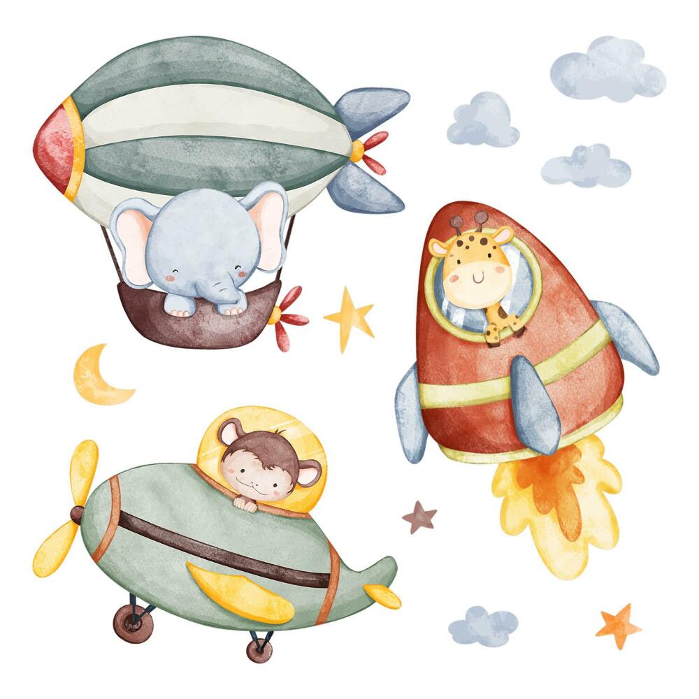 Samolepky na zeď 60x90 Akvarelová obloha s létajícími zvířaty