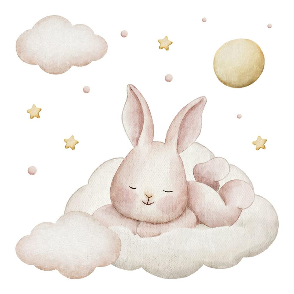 Samolepky na zeď 60x52 Zajíček v oblacích s pastelovými hvězdami