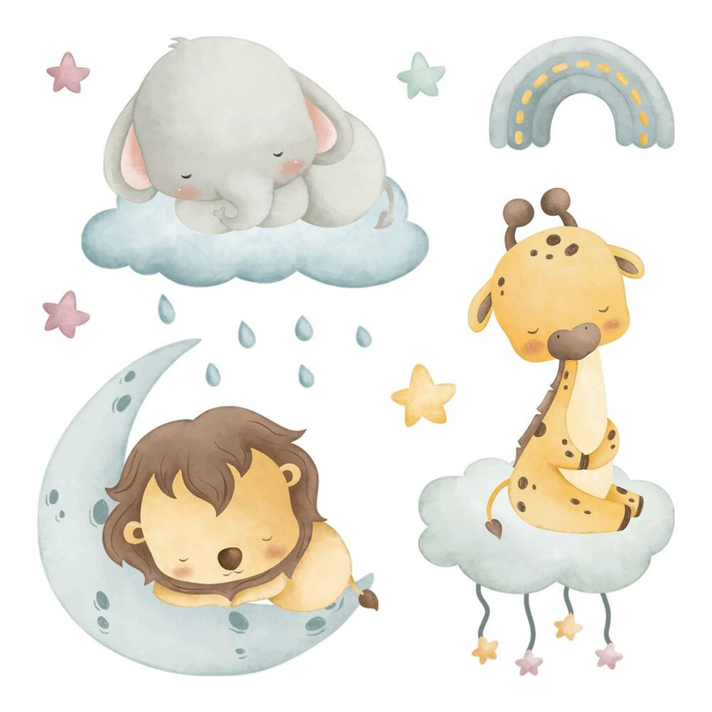 Samolepky na zeď 60x91 Pastelově akvarelová zvířata proti obloze
