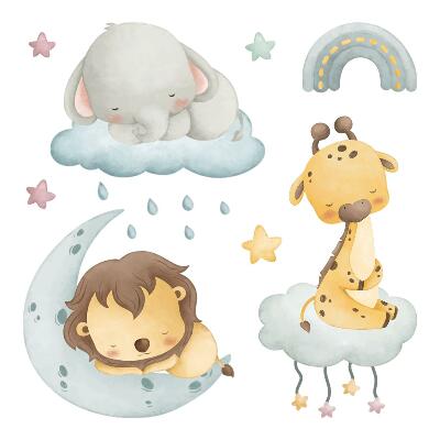 Samolepky na zeď 60x91 Pastelově akvarelová zvířata proti obloze