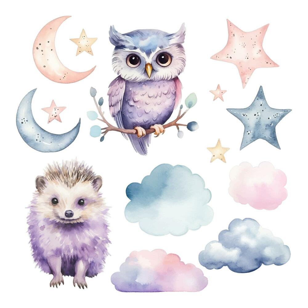 Samolepky na zeď 60x79 Pastelové akvarely s nočními zvířaty