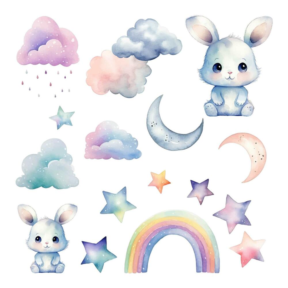 Samolepky na zeď 60x80 Akvarelové králíčci na duhové obloze a měsících
