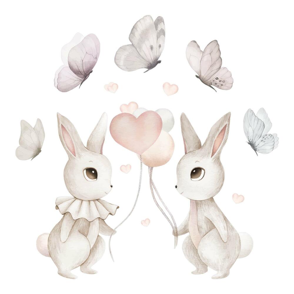 Samolepky na zeď 60x76 Pasteloví zajíčci s balónky v okouzlujícím stylu