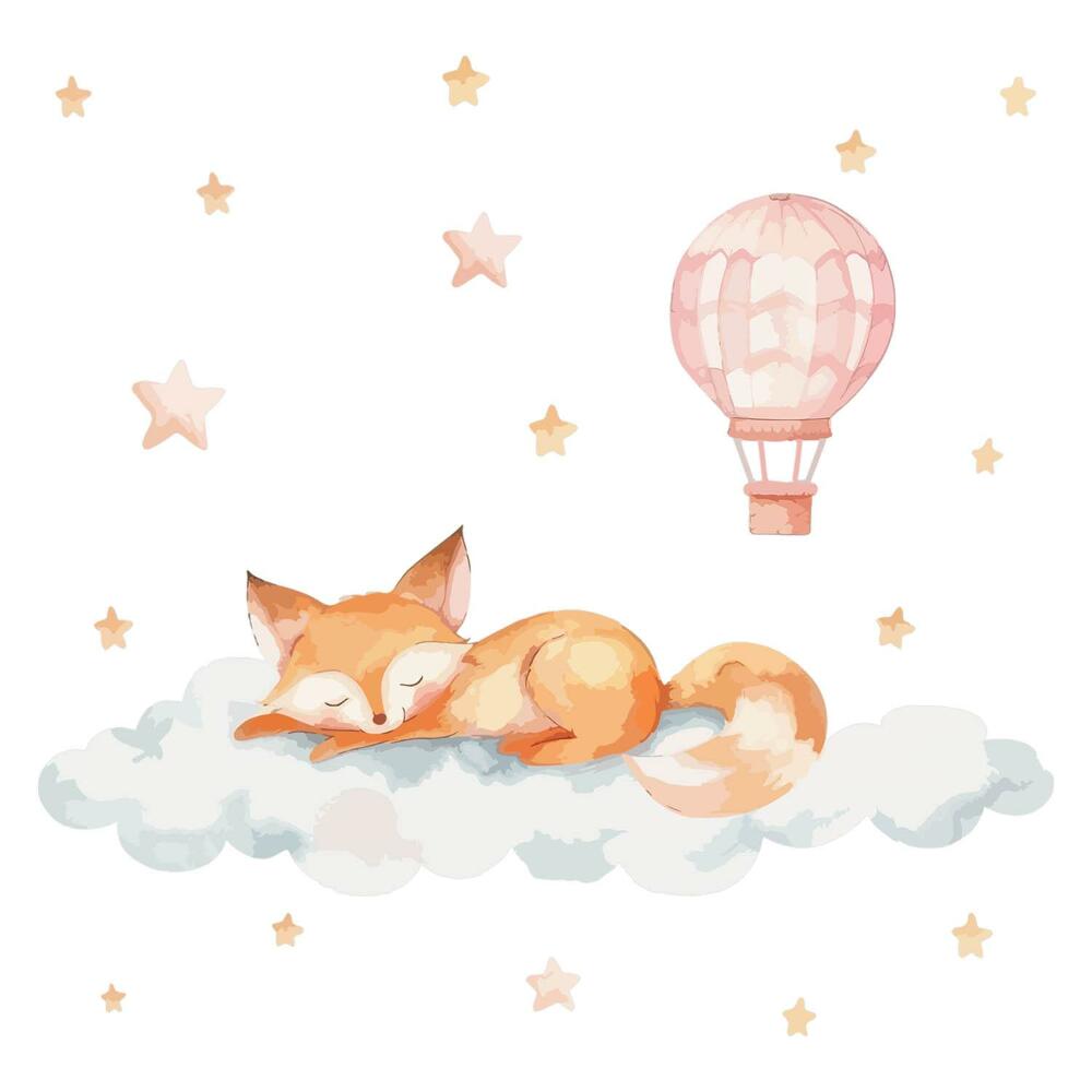 Samolepky na zeď 60x94 Liška na oblaku s hvězdami a balónkem v akvarelu