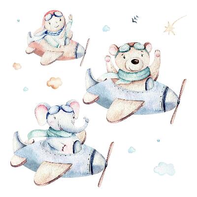 Samolepky na zeď 60x92 Akvarelový slon a medvěd s chlapcem v letadlech