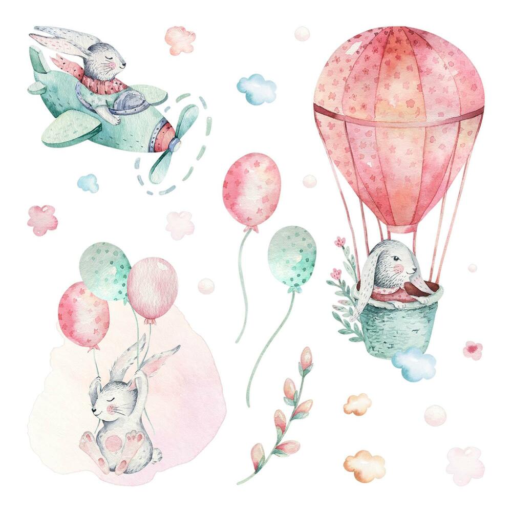 Samolepky na zeď 60x71 Roztomilý akvarelový zajíček proti obloze