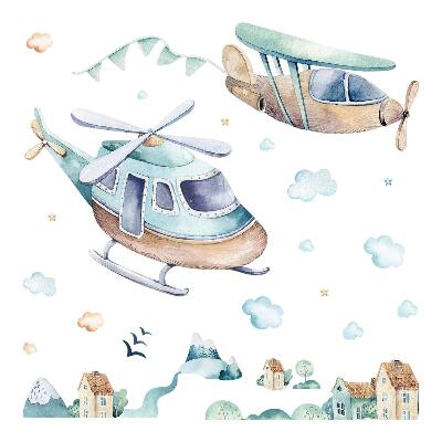 Samolepky na zeď 60x87 Akvarelový motiv vrtulníku a letadla nad městem