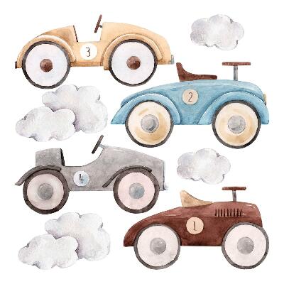 Samolepky na zeď 60x94 Pastelově zbarvená auta a jemné mraky