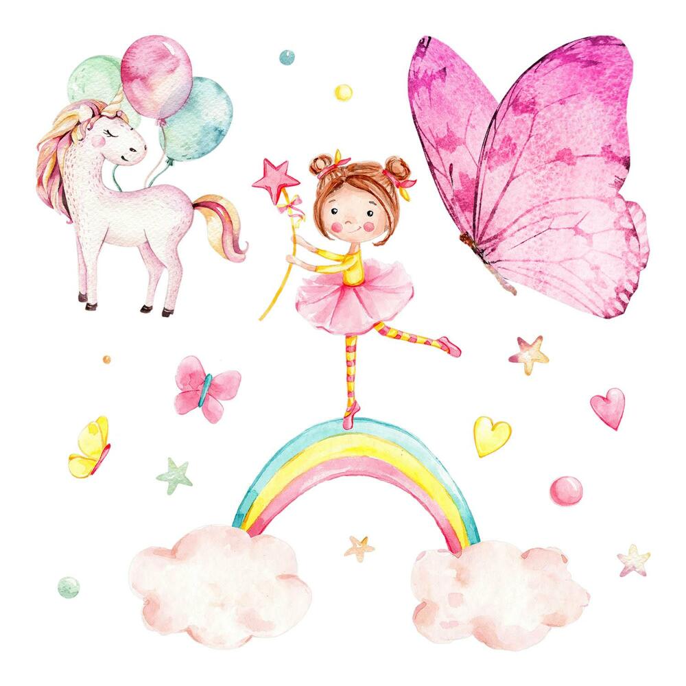 Samolepky na zeď 60x78 Dívka na duze s motýly a jednorožcem