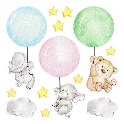 Samolepky na zeď 60x84 Pastelové balónky zvířata hroch plyšový medvídek