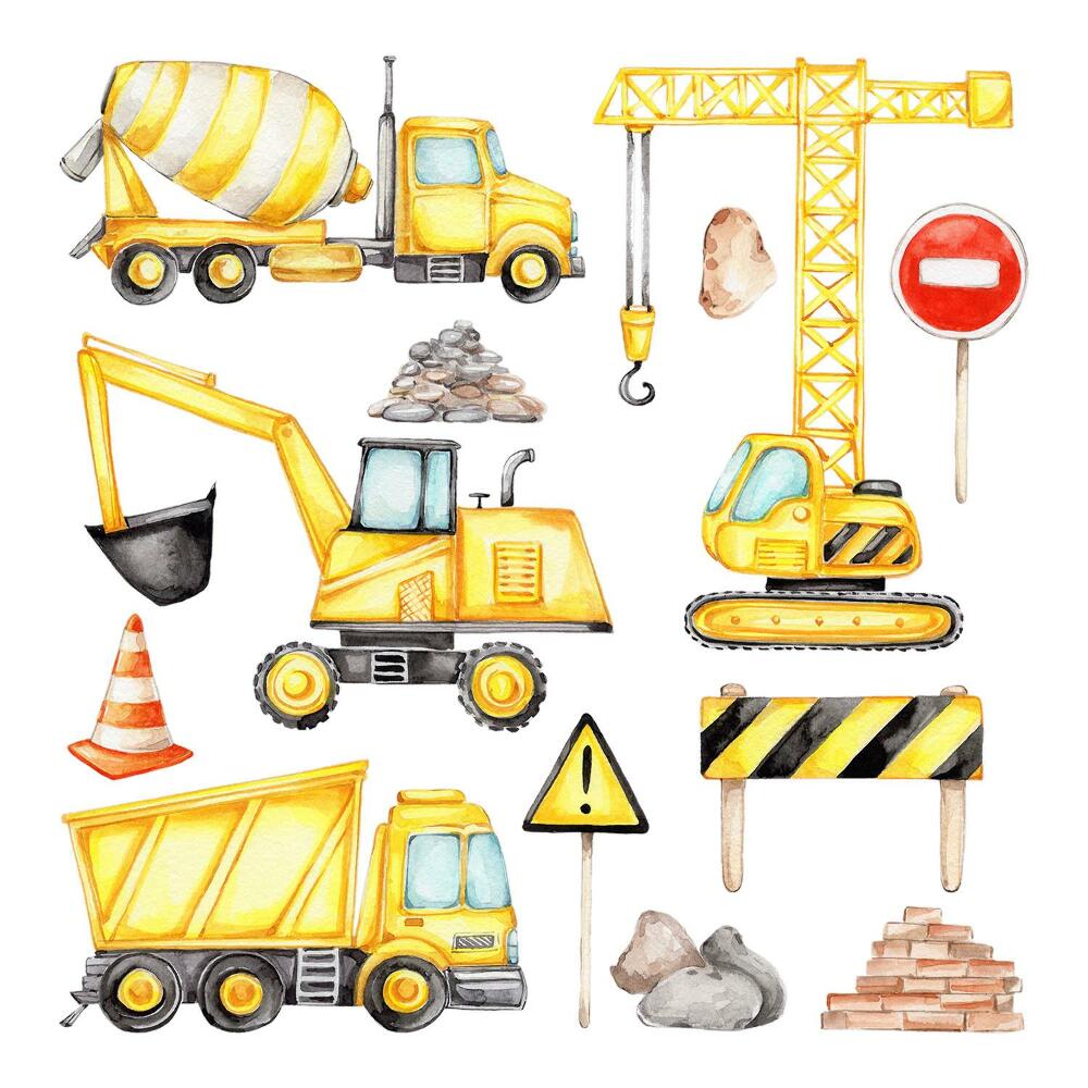 Samolepky na zeď 60x81 Stavba - akvarel vozidla a pracovní stroje