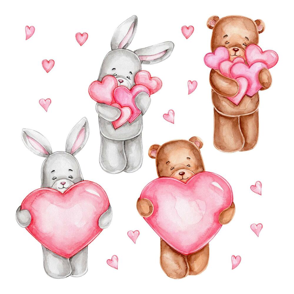 Samolepky na zeď 60x101 Roztomilí medvídci a králíci v pastelových akvarelech
