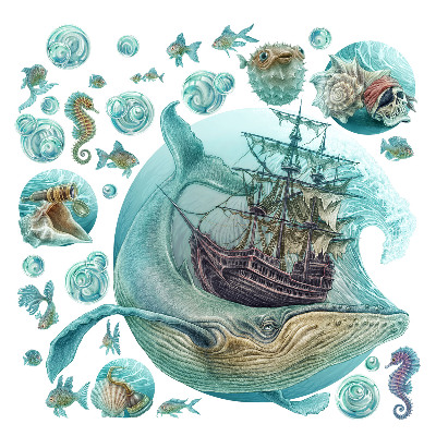Samolepky na zeď 60x71 Mořský příběh s pastelovými zvířaty