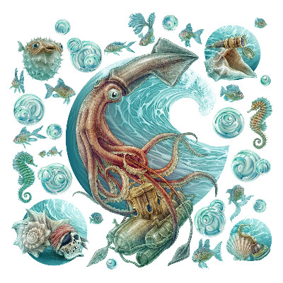 Samolepky na zeď 60x58 Podvodní země pastelových zvířat