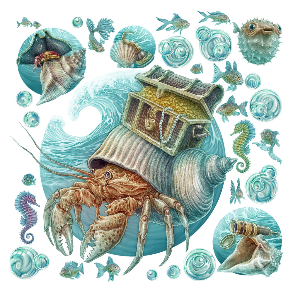 Samolepky na zeď 60x63 Stylizovaná mořská zvířata v pastelových barvách