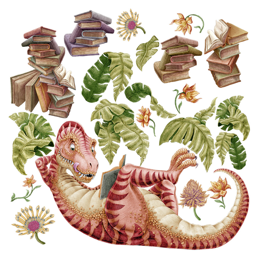 Samolepky na zeď 60x90 Kreslený dinosaurus v listech a pastelových barvách