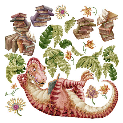 Samolepky na zeď 60x90 Kreslený dinosaurus v listech a pastelových barvách