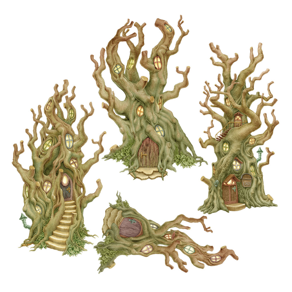 Samolepky na zeď 60x168 Kouzelné domy na stromech v pastelové kresbě