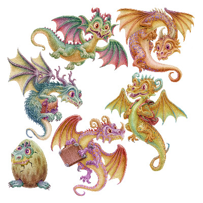 Samolepky na zeď 60x51 Kreslení draci v pastelových odstínech