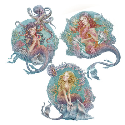 Samolepky na zeď 60x77 Ráj mořských panen v pastelovém námořnickém stylu