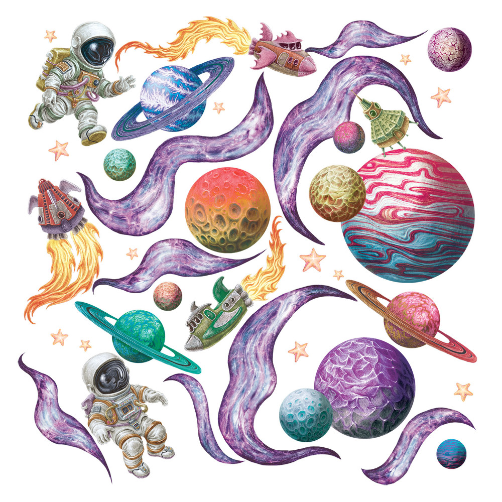 Samolepky na zeď 60x92 Kreslený vesmír raket a astronautů v barvě