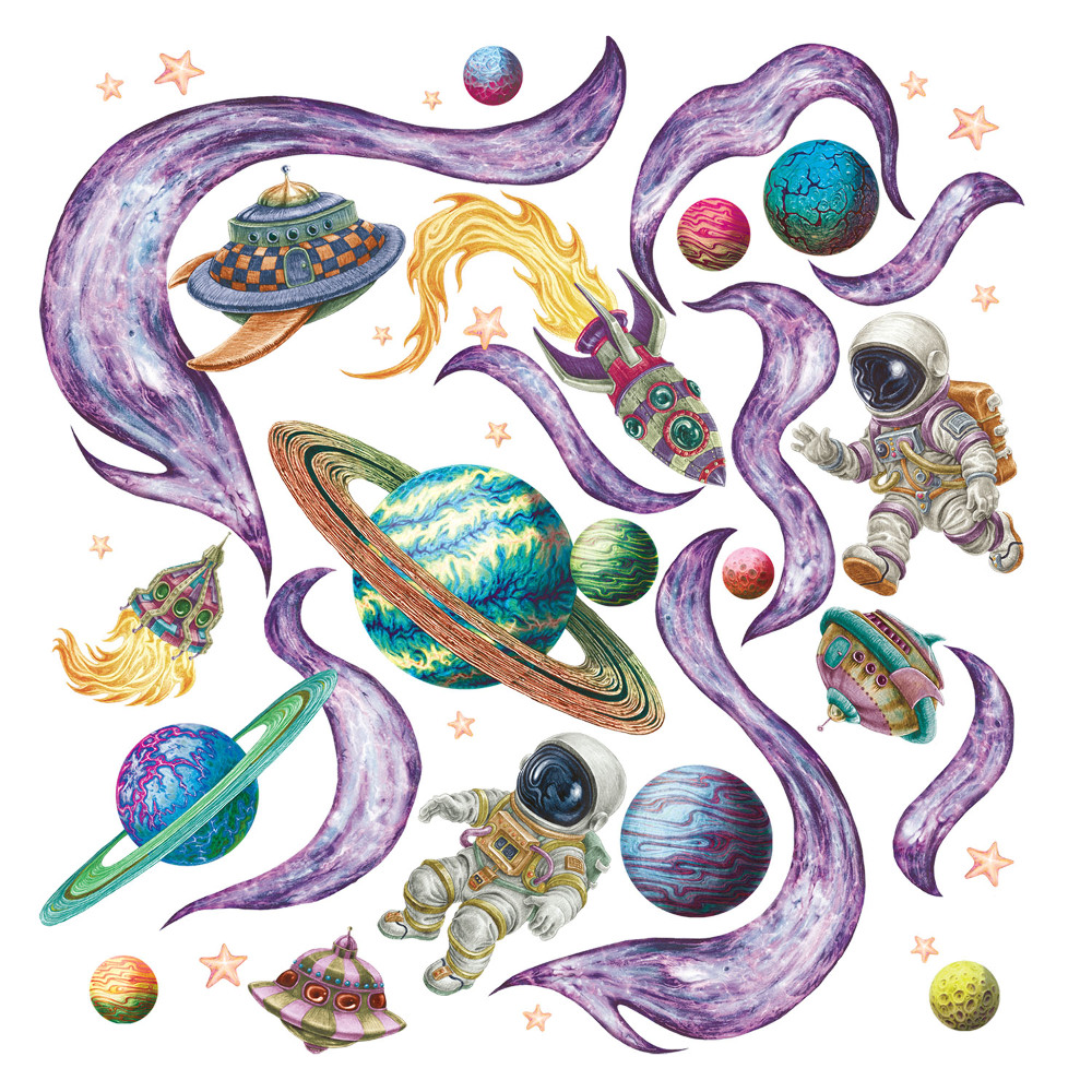 Samolepky na zeď 60x103 Vesmírné rakety a planety v kresleném stylu