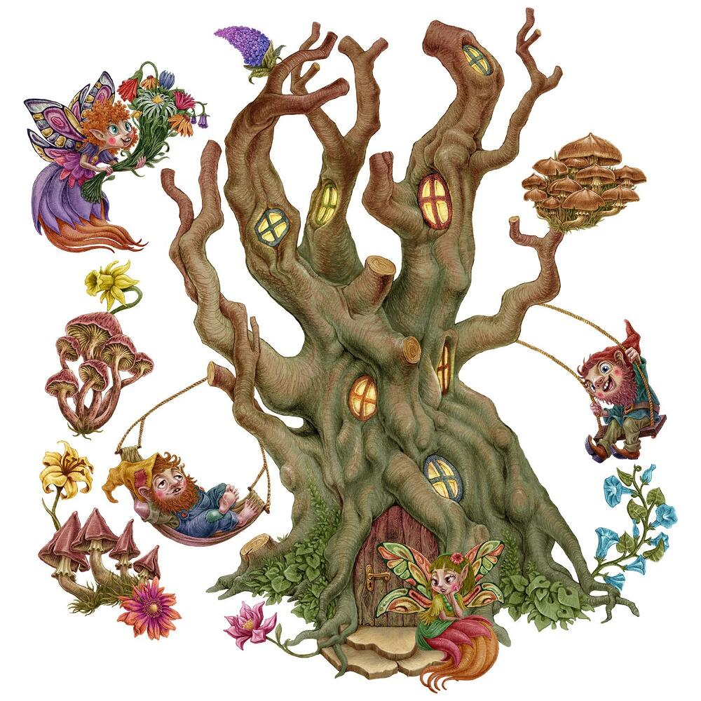 Dětské samolepky na zeď 100x132 Víly a trpaslíci v lesním prostředí s domečkem