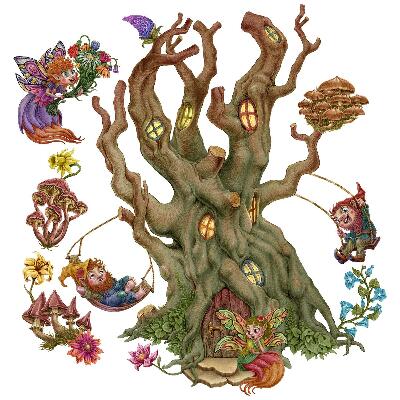 Dětské samolepky na zeď 100x132 Víly a trpaslíci v lesním prostředí s domečkem