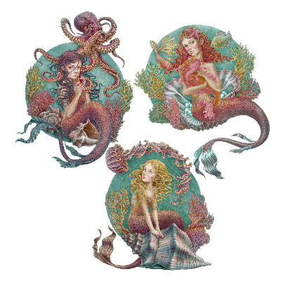 Dětské samolepky na zeď 100x132 Pohádkové mořské panny v hlubinách oceánu