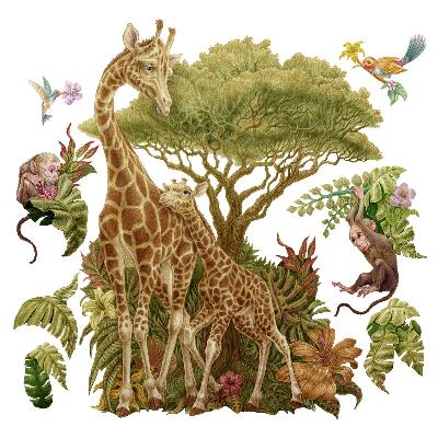 Dětské samolepky na zeď 100x150 Kresba divokých zvířat a vegetace