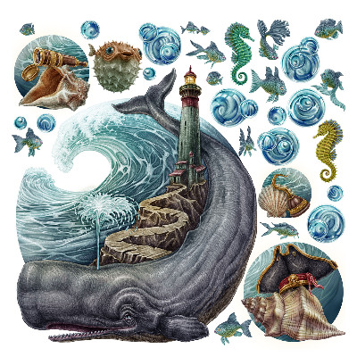 Dětské samolepky na zeď 100x118 Kreslený svět podvodních tvorů a majáků