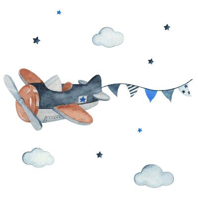 Dětské samolepky na zeď 100x158 Pastelové letadlo na akvarelové obloze