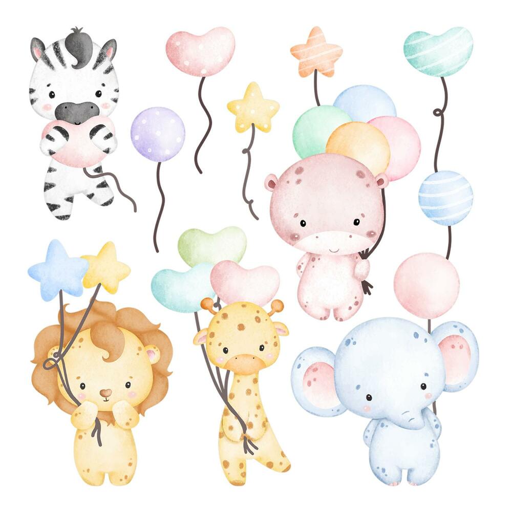 Dětské samolepky na zeď 100x148 Okouzlující akvarelové safari s divokou zvěří a balónky