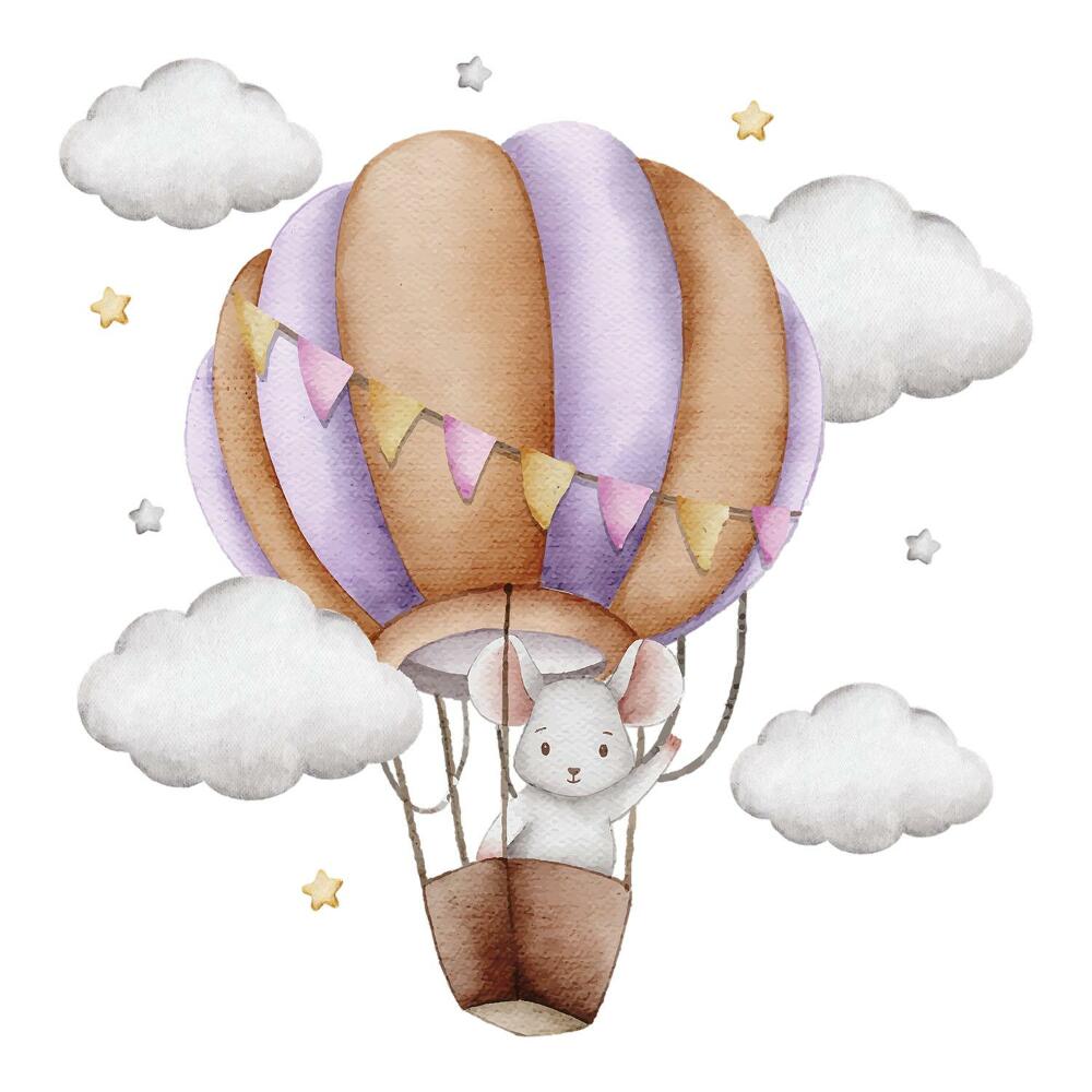 Dětské samolepky na zeď 100x117 Myš v oblacích s akvarelovými balónky v pozadí