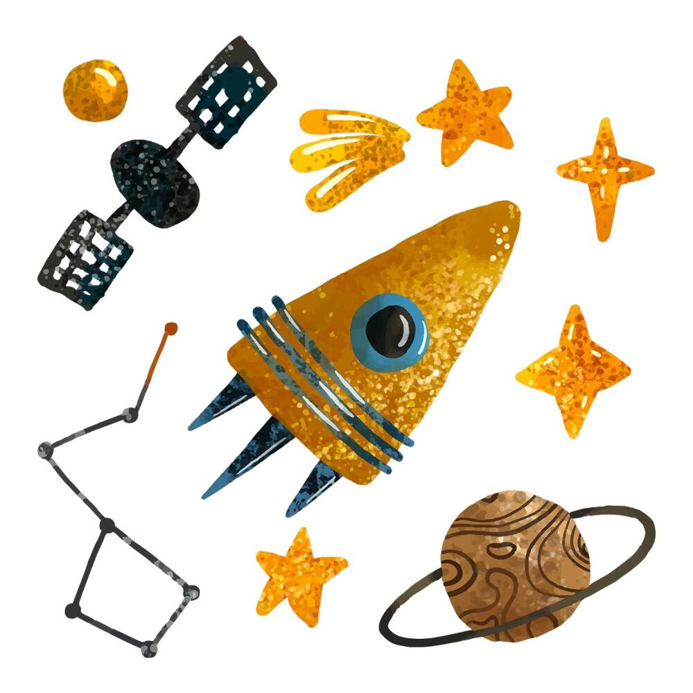 Dětské samolepky na zeď 100x144 Motiv rakety s planetami a hvězdami ve vesmíru