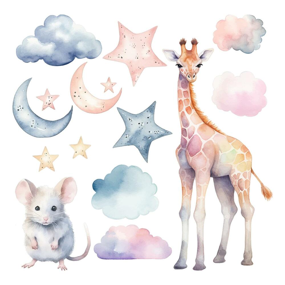 Dětské samolepky na zeď 100x95 Zvířata a noční obloha v akvarelových odstínech