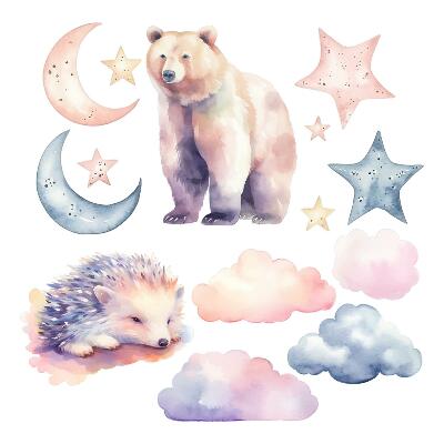 Dětské samolepky na zeď 100x178 Pastelová zvířata a noční obloha v akvarelové atmosféře